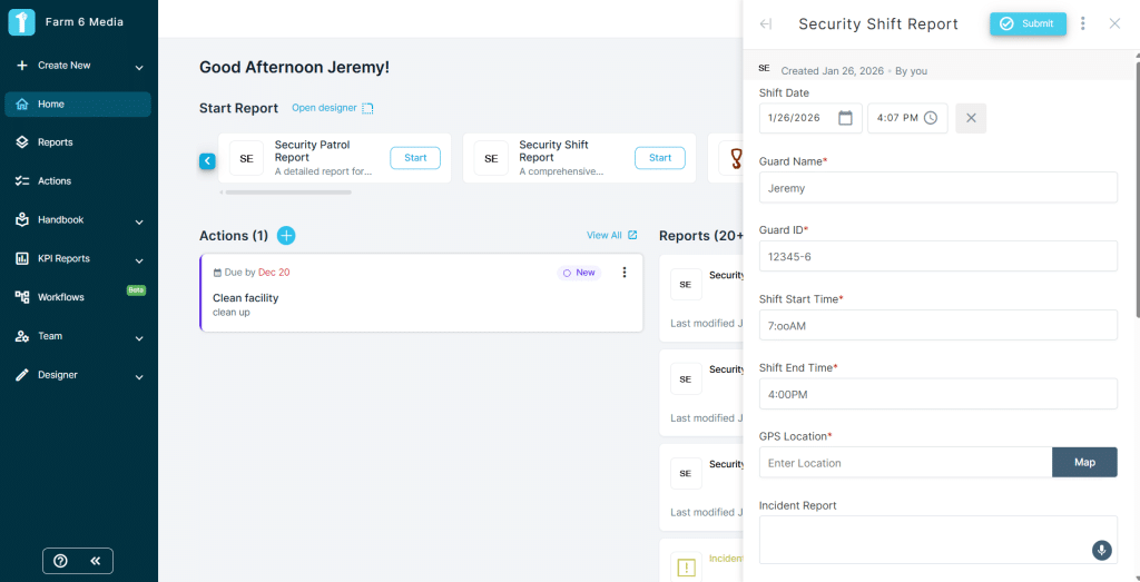 A screenshot of the admin section of a security shift report as used on desktop in the 1st Reporting application.