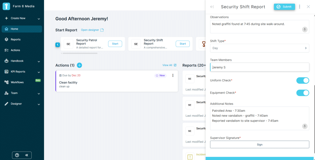 A screenshot of the security shift report log section as seen on desktop using the 1st Reporting application.