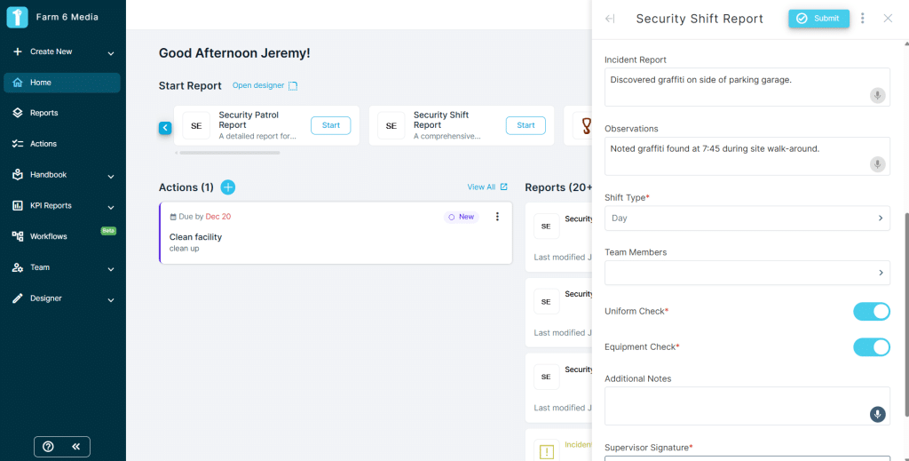 A screenshot of the notes section of a security shift report as used on desktop in the 1st Reporting application.