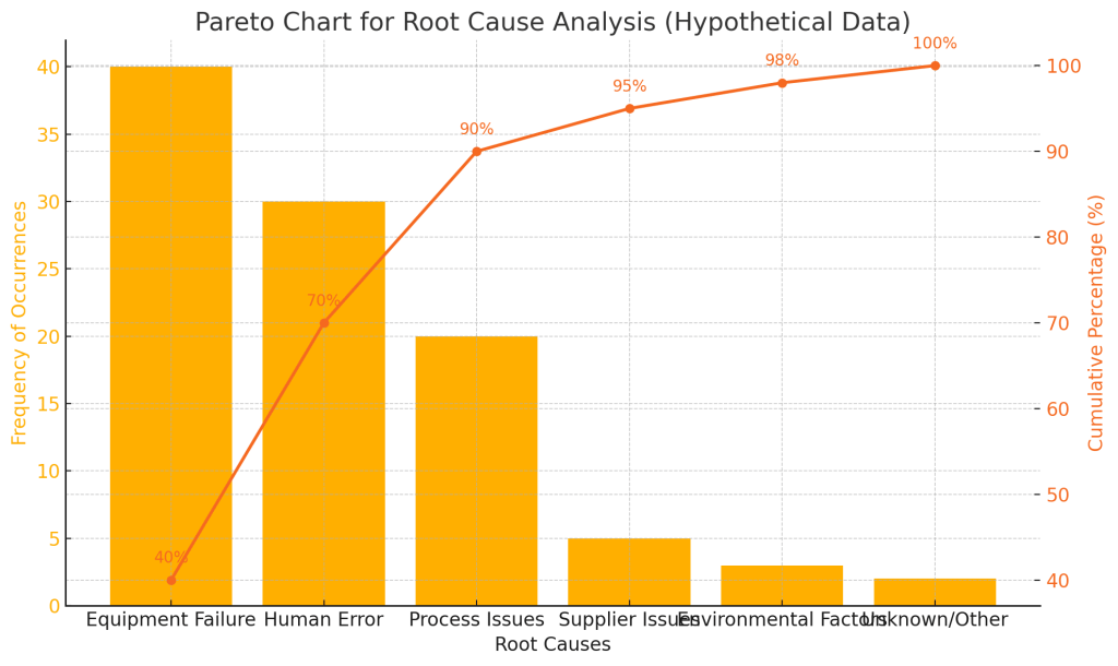 A Pareto chart, often used for root cause analysis, is shown in this hypothetical example. Learn more about root cause analysis at 1stReporting.com.