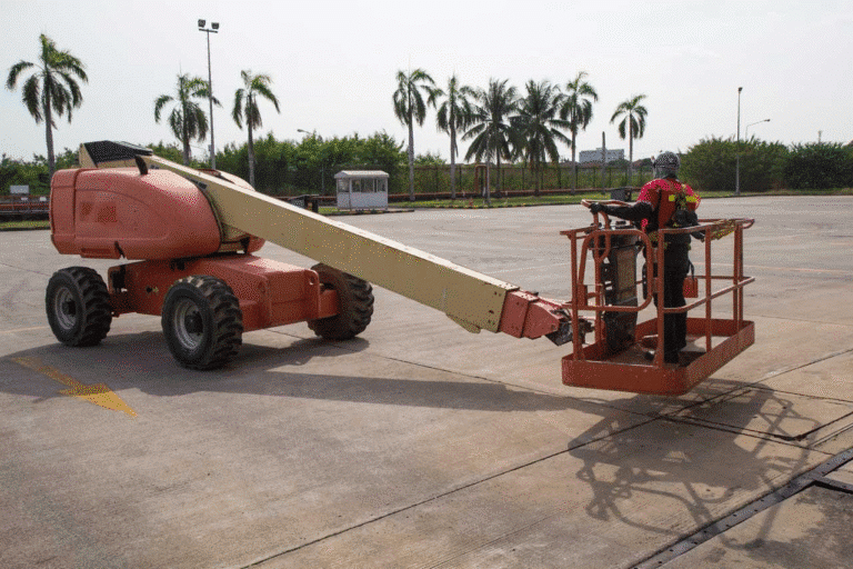 A worker tests a boom lift as part of a vehicle and equipment pre-use safety inspection.
