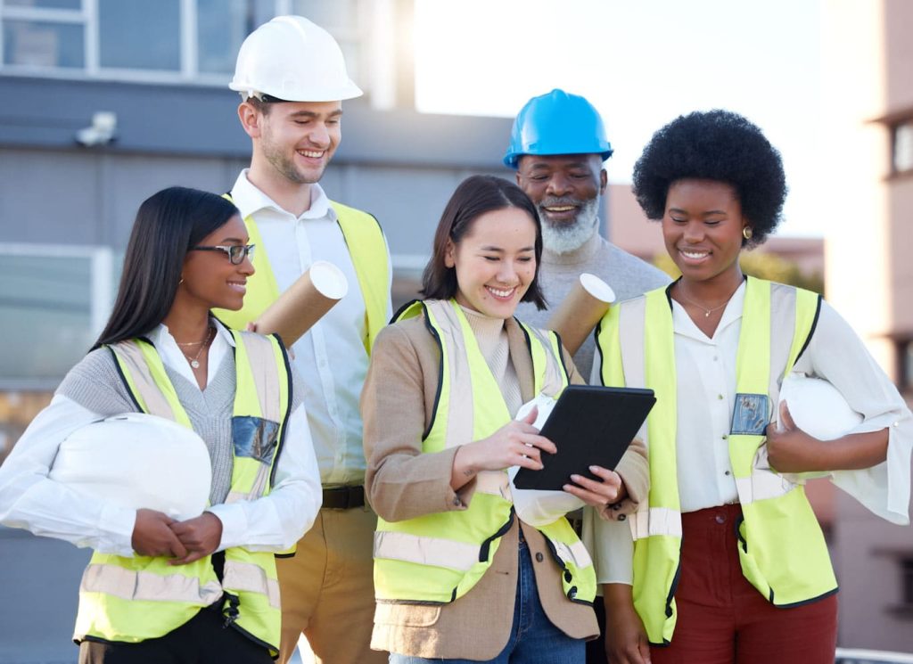 A construction management team reviews a risk assessment form template on a mobile tablet. Learn more about mobile reporting at 1stReporting.com.