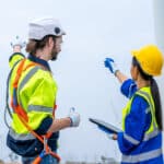 Two utilities workers discuss site hazards documented on a digital risk assessment form.