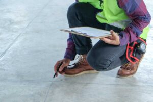 An inspector uses a workplace floor inspection template.