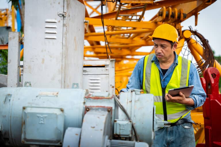 A construction worker uses a tablet to complete an equipment condition report