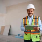 A construction manager happily completes a site condition report template.