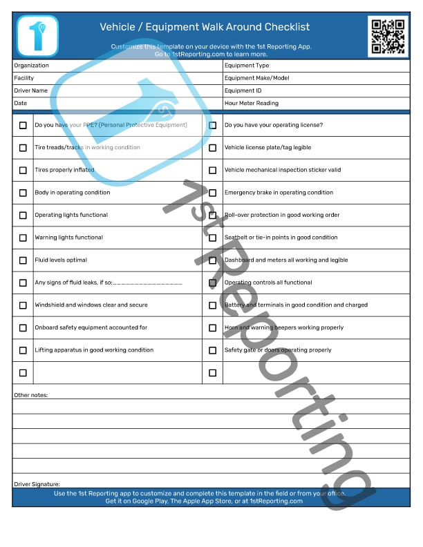 Vehicle/Equipment Walk Around Inspection Checklist (watermarked) by 1stReporting.com