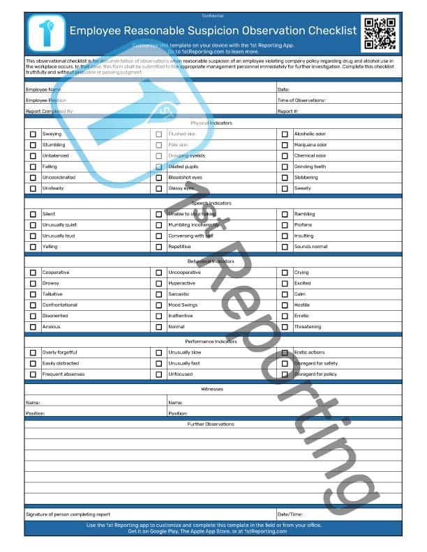 The Employee Reasonable Suspicion Observation Checklist (watermarked) by 1stReporting.com