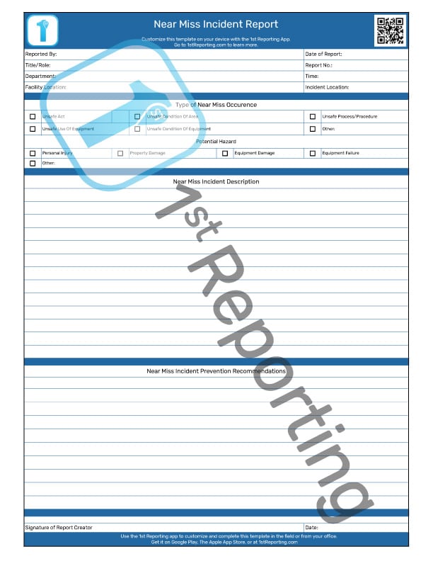 The Near Miss Incident Report template by 1st Reporting.