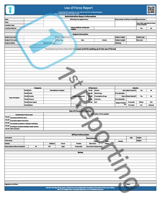 The Use of Force Report form by 1stReporting.com (watermarked).