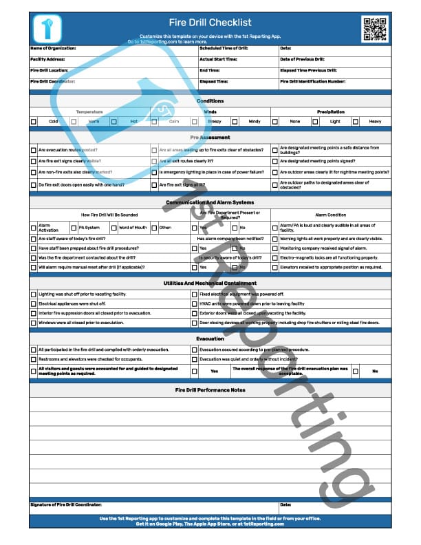 The Fire Drill Checklist (watermarked) by 1stReporting.com.