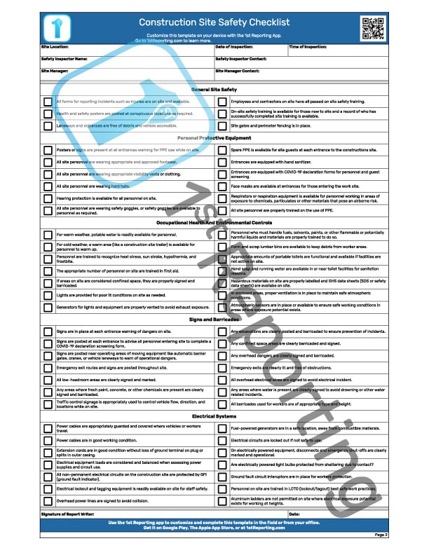 Construction Site Safety Checklist (watermarked) by 1stReporting.com.