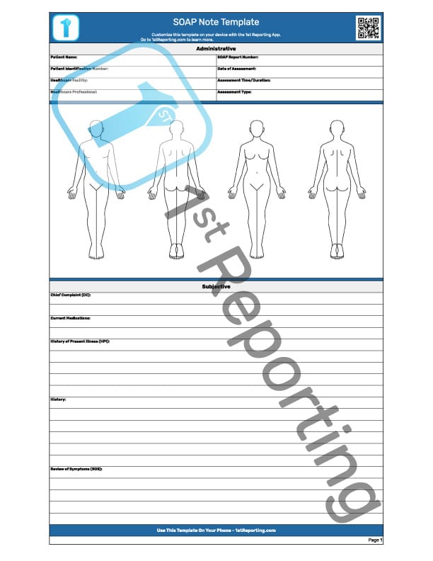 SOAP Note Template (watermarked, page one of two) by 1stReporting.com.