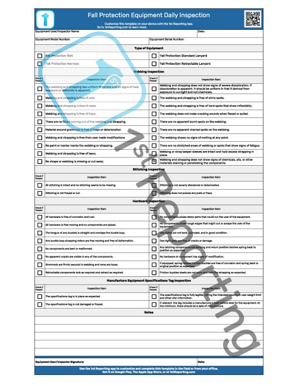 Fall protection equipment daily inspection checklist (watermarked) by 1stReporting.com.