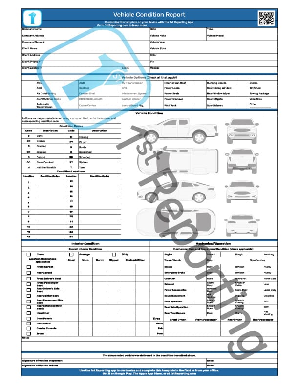 A Vehicle Condition Report (watermarked) by 1stReporting.com.