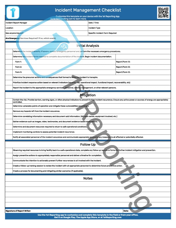 Incident Management Checklist (watermarked) by 1stReporting.com.