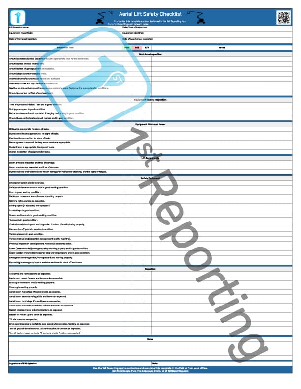 Aerial Lift Safety Checklist (watermarked) by 1stReporting.com.