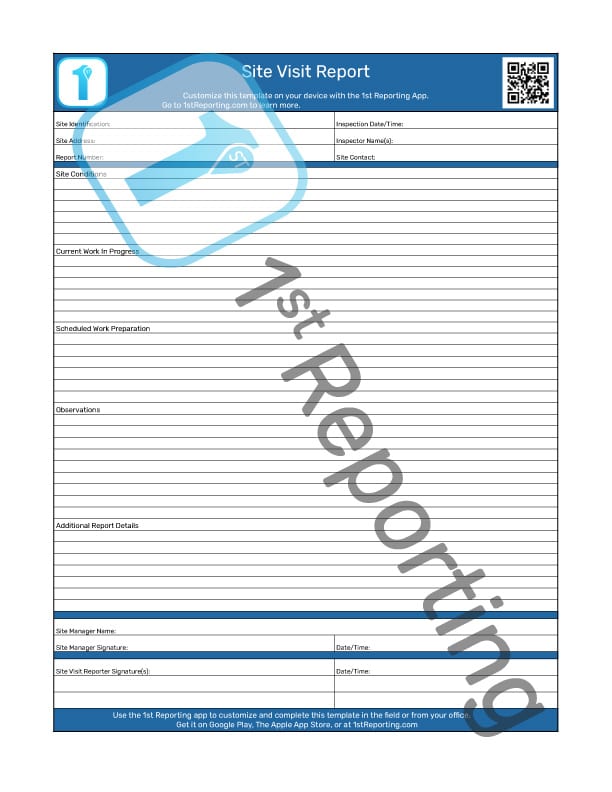 The watermarked Site Visit Report template by 1stReporting.com