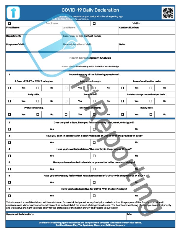 The Virus or COVID-19 Daily Declaration Form (watermarked) by 1stReporting.com.