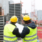 Two safety managers discuss the commercial property safety guide at a construction site.