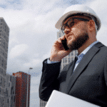 An engineer on the phone discussing the best building inspection tools.