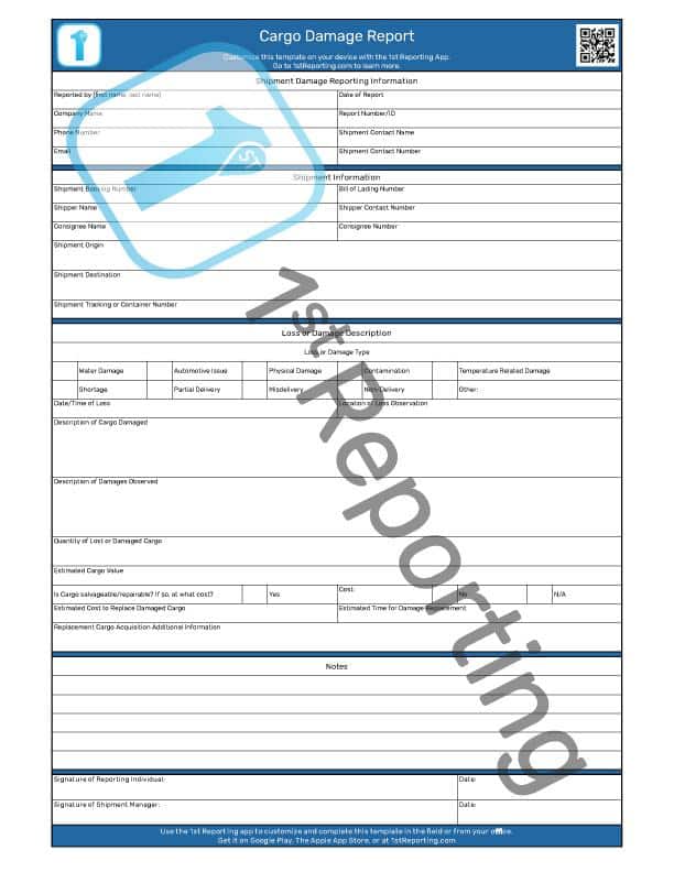 The watermarked Cargo Damage Report Template by 1stReporting.com.