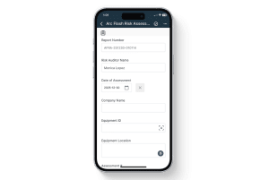 Mobile view of the Arc Flash Risk Assessment report in the 1st Reporting app, displaying fields for risk auditor name, assessment date, company details, equipment ID, and equipment location. Designed for electrical, utility, and industrial safety teams to document arc flash hazards, assess risk levels, and maintain compliance through digital safety reporting.