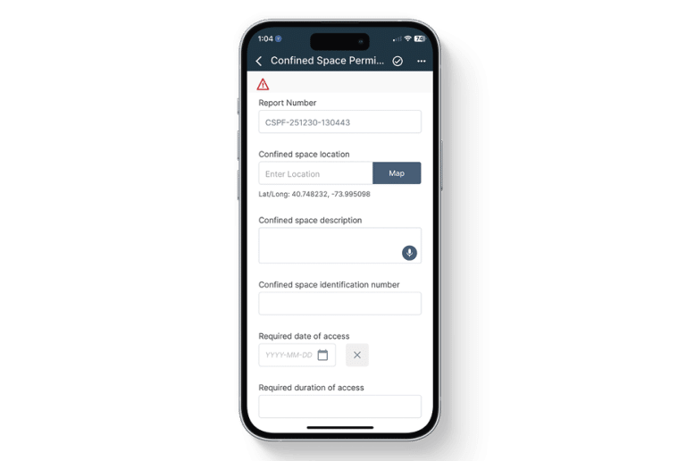 Mobile view of the Confined Space Permit in the 1st Reporting app, showing fields for confined space location with map integration, space description, identification number, access date, and duration. Designed for utilities, construction, and industrial teams to manage confined space entry permits, ensure worker safety, and meet regulatory compliance through digital reporting.
