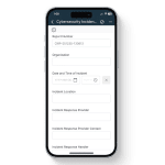 Mobile view of the Cybersecurity Incident Report in the 1st Reporting app, displaying fields for organization name, incident date and time, incident location, and incident response provider details. Designed for IT, security, and compliance teams to document cybersecurity incidents, manage response actions, and maintain audit-ready digital records through secure reporting.