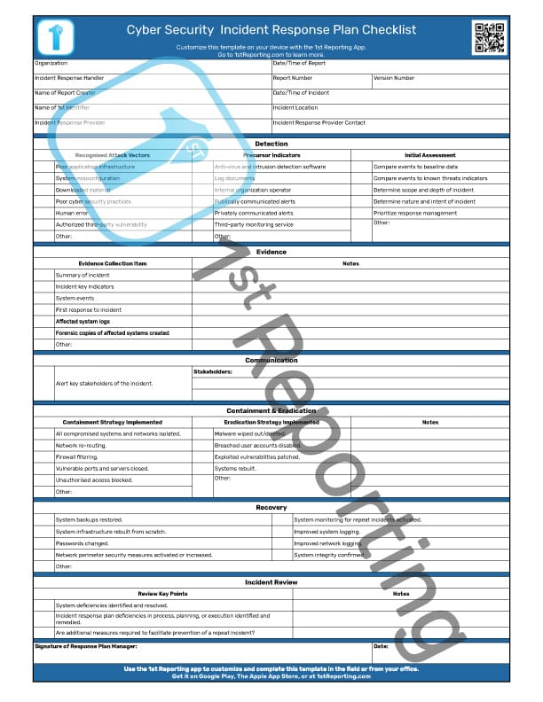 Cybersecurity Incident Response Plan template (watermarked) by 1stReporting.com.
