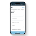 Mobile view of the Excavation Safety Checklist in the 1st Reporting app, showing fields for inspector name, inspection date and time, project ID, and expected weather conditions. Designed for construction and utility teams to conduct digital excavation inspections, verify underground utility safety, and ensure compliance with excavation safety standards through mobile reporting.