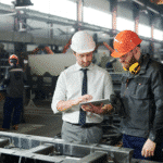 A manager and foreman improve asset management with the 1st Reporting app on a mobile tablet.