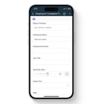 Mobile view of the Employee Complaint Form in the 1st Reporting app, showing fields for employee name, employee number, job title, seniority date, supervisor information, and shift details. Designed for HR teams, managers, and organizations to document workplace complaints, track incidents, and maintain compliance using secure digital reporting.