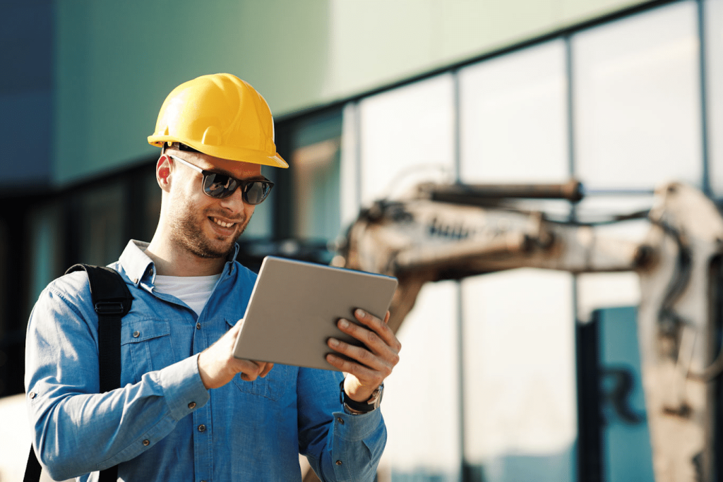 A manager happily reviews safety documents using the 1st Reporting application on a tablet: a better way to manage inventory, equipment, and safety.