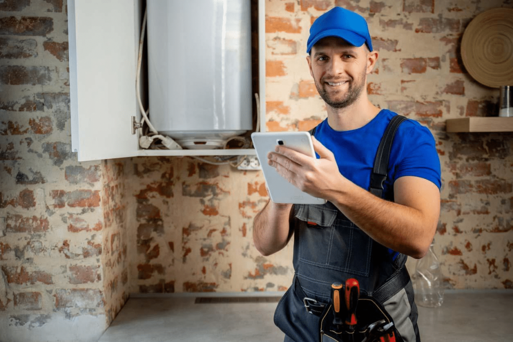 A plumber uses the 1st Reporting app to complete a Plumbing Inspection Checklist. Learn more about mobile inspection reporting at 1stReporting.com.