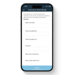 Mobile view of the Contractor Work Permit in the 1st Reporting app, featuring fields for permit creator, permit number, creation date, and scheduled work start and finish times. Designed for construction, facilities, and industrial teams to issue digital work permits, enforce on-site safety protocols, and manage contractor activities through compliant mobile reporting.