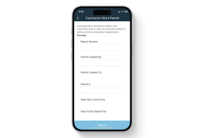 Mobile view of the Contractor Work Permit in the 1st Reporting app, featuring fields for permit creator, permit number, creation date, and scheduled work start and finish times. Designed for construction, facilities, and industrial teams to issue digital work permits, enforce on-site safety protocols, and manage contractor activities through compliant mobile reporting.