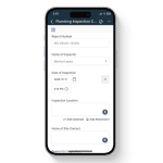Mobile view of the Plumbing Inspection Checklist in the 1st Reporting app, displaying fields for inspector name, inspection date and time, site location, and contact information, with options to add comments or attachments. Used by plumbing contractors, maintenance teams, and facility managers to conduct digital plumbing inspections, document issues, and streamline compliance through mobile reporting.