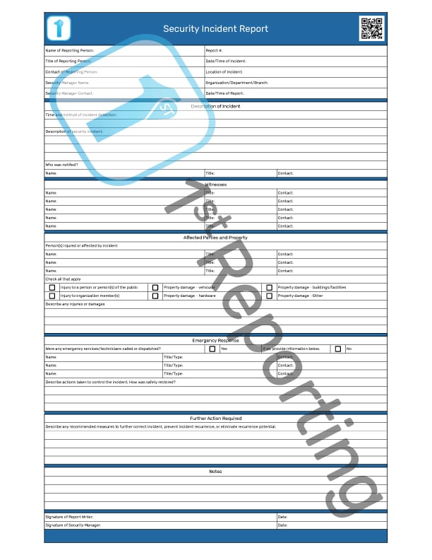 An example Security Incident Report by 1stReporting.com.
