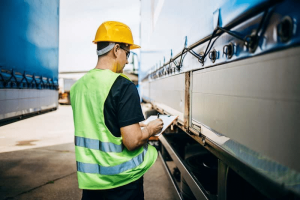 A driver completes a Driver Vehicle Inspection Report. Learn how to go digital with your reports at 1stReporting.com.