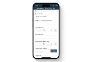 Mobile view of the Background Check Consent Form in the 1st Reporting app, showing fields for candidate name, date of request, former names, date ranges used, and current address with map integration. Designed for HR teams, security companies, and hiring managers to collect background check information digitally and streamline compliance workflows through mobile reporting.