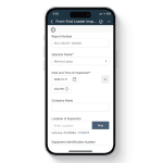 Mobile view of the Front-End Loader Safety Inspection report in the 1st Reporting app, featuring fields for operator name, inspection date and time, company details, GPS-based inspection location, and equipment identification number. Built for construction, mining, and heavy equipment operators to complete digital safety checks, track equipment condition, and maintain compliance through mobile reporting.