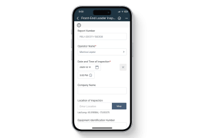 Mobile view of the Front-End Loader Safety Inspection report in the 1st Reporting app, featuring fields for operator name, inspection date and time, company details, GPS-based inspection location, and equipment identification number. Built for construction, mining, and heavy equipment operators to complete digital safety checks, track equipment condition, and maintain compliance through mobile reporting.