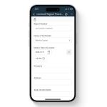 Mobile view of the Lockout/Tagout Procedure report in the 1st Reporting app, featuring fields for technician name, lockout date and time, company details, address, and area contact information. Built for manufacturing, maintenance, and safety teams to document LOTO procedures, meet compliance requirements, and ensure safe equipment shutdowns through digital reporting.
