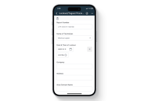 Mobile view of the Lockout/Tagout Procedure report in the 1st Reporting app, featuring fields for technician name, lockout date and time, company details, address, and area contact information. Built for manufacturing, maintenance, and safety teams to document LOTO procedures, meet compliance requirements, and ensure safe equipment shutdowns through digital reporting.