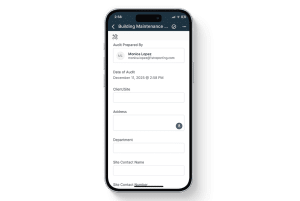 Mobile view of the Building Maintenance Audit report in the 1st Reporting app, showing fields for auditor information, audit date and time, client or site details, address, department, and site contact information. Designed for facility managers, maintenance teams, and property services to perform digital building audits, streamline inspections, and maintain compliance through mobile reporting.