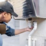 Maintenance person checks plumbing using the 1st Reporting Building Maintenance Checklist.