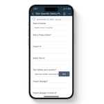 Mobile view of the Site-Specific Safety Plan report in the 1st Reporting app, displaying fields for project name, project number, safety plan reference, site address with map integration, project manager details, and contact information. Designed for construction and safety teams to create and manage digital safety plans, improve compliance, and centralize site documentation directly from the field.