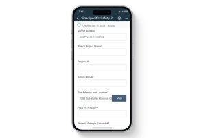Mobile view of the Site-Specific Safety Plan report in the 1st Reporting app, displaying fields for project name, project number, safety plan reference, site address with map integration, project manager details, and contact information. Designed for construction and safety teams to create and manage digital safety plans, improve compliance, and centralize site documentation directly from the field.