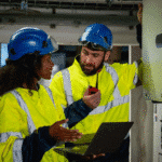 Two workers review a safety inspection recorded using mobile devices. Learn about mobile reporting for industry compliance and to meet regulatory requirements at 1stReporting.com.